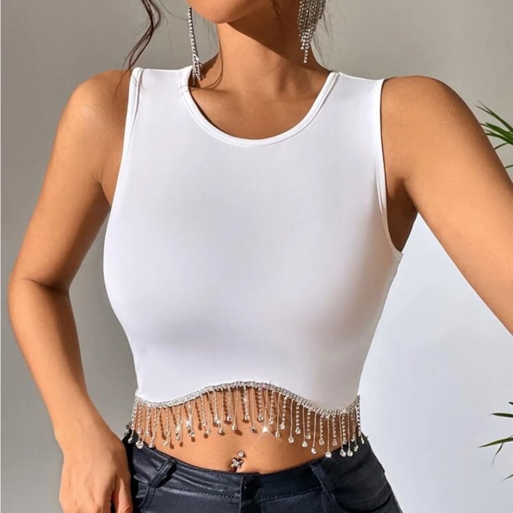 SHEIN White Embellished Sleeveless Crop Top